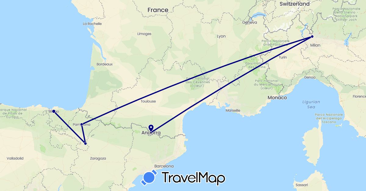 TravelMap itinerary: driving in Andorra, Spain, Italy (Europe)